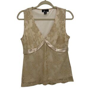 Y2k Babydoll Top Gold Lace Sleeveless V-Neck Satin Waistband Sz M byAB Studio